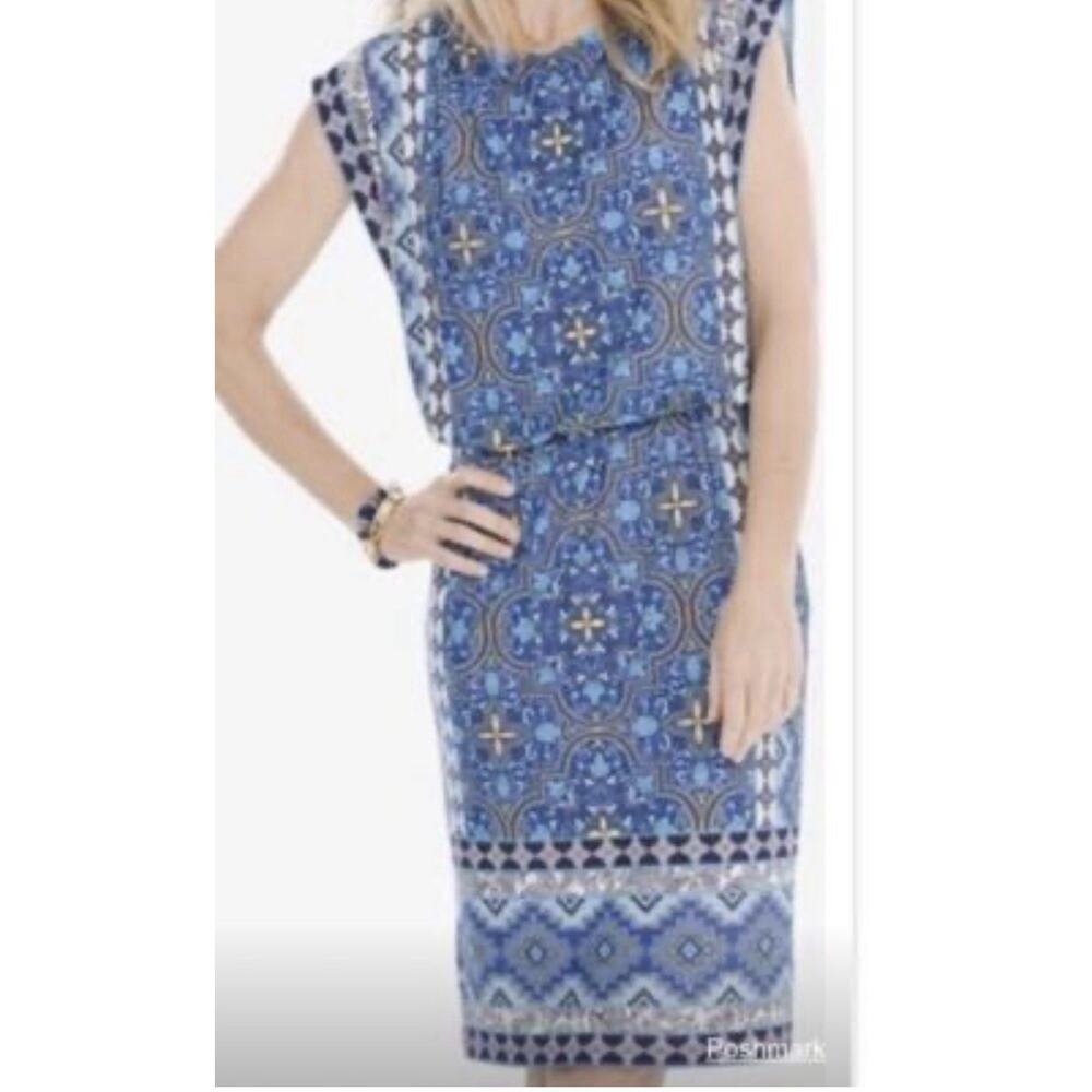 Chico's XL 16 Blue Multi Medallion Floral Print Blouson Sleeveless Dress casual